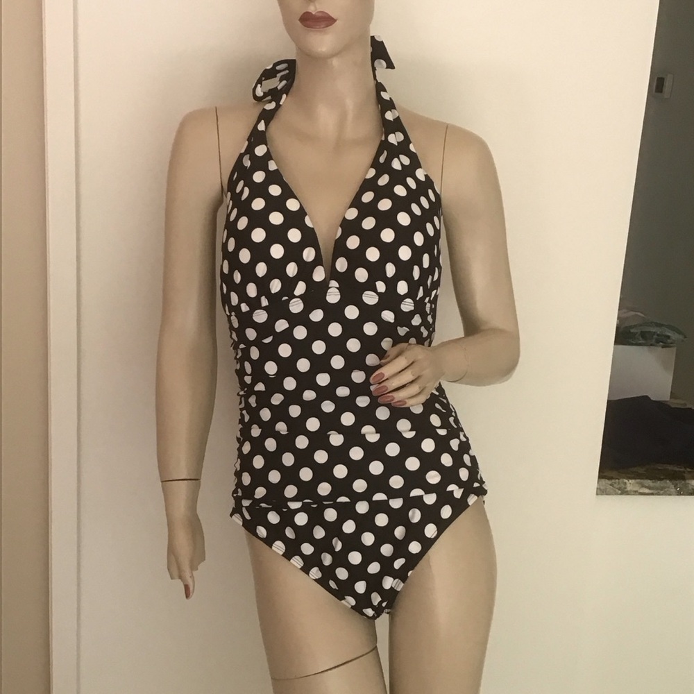 Lauren Ralph Lauren Black White Polkadot Retro Halter One Piece Swimsuit 12 Sexy